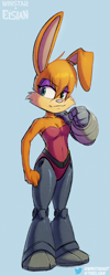 Size: 818x2048 | Tagged: safe, artist:theelsian, artist:winstar, bunnie rabbot, rabbit, blue background, clenched fists, cyborg, featured image, looking offscreen, signature, simple background, smile, solo, standing