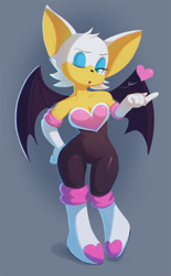 Size: 572x921 | Tagged: safe, artist:theelsian, rouge the bat, bat, blowing a kiss, blue background, boots, gloves, hand on hip, heart, rouge's heart top, simple background, socks, solo, standing, wink
