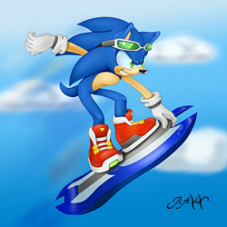 Size: 1600x1600 | Tagged: safe, artist:rawn89, sonic the hedgehog, hedgehog, clenched teeth, clouds, daytime, extreme gear, gloves, holding something, looking ahead, mid-air, outdoors, shoes, signature, smile, solo, sonic riders