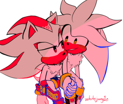Size: 1106x940 | Tagged: safe, artist:whitejung1e, shadow the hedgehog, silver the hedgehog, hedgehog, blushing, chest fluff, duo, frown, gay, gloves, looking at each other, shadow x silver, shipping, shoes, signature, simple background, sitting, sitting on them, smile, socks, white background