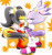 Size: 1024x1091 | Tagged: safe, artist:jasienorko, blaze the cat, honey the cat, cat, abstract background, blaze's tailcoat, boots, crack shipping, duo, eyes closed, gloves, heels, holding each other, honaze, honey's sharp dress, leaf, lesbian, lidded eyes, looking at them, maple leaf, shipping, smile, socks, standing