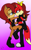 Size: 396x648 | Tagged: safe, artist:darkgwd, fiona fox, sally acorn, fox, blushing, boots, duo, fingerless gloves, gradient background, holding each other, lesbian, lidded eyes, looking at each other, saliona, shipping, smile, socks, standing, standing on one leg