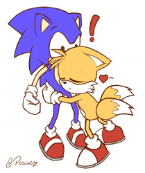 Size: 1171x1399 | Tagged: safe, artist:posweg, miles "tails" prower, sonic the hedgehog, fox, hedgehog, cute, duo, exclamation mark, eyes closed, gay, gloves, heart, hugging, looking at them, shipping, shoes, signature, simple background, smile, socks, sonabetes, sonic x tails, surprise hug, tailabetes, white background