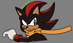Size: 526x312 | Tagged: safe, artist:thell-vallock, shadow the hedgehog, hedgehog, chest fluff, frown, gloves, grey background, looking offscreen, scarf, signature, simple background, solo