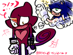 Size: 2732x2048 | Tagged: safe, artist:mushroom-cookie-bear, espio the chameleon, sonic the hedgehog, hedgehog, blushing, chameleon, clenched fists, clenched teeth, crush, duo, exclamation mark, frown, gay, gloves, question mark, shipping, shrunken pupils, simple background, sonespio, standing, star (symbol), thought bubble, white background, wink