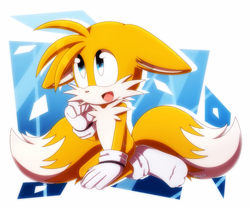 Size: 1543x1281 | Tagged: safe, artist:blacky-doll, miles "tails" prower, fox, abstract background, clenched fist, cute, ear fluff, floppy ears, gloves, hand on knee, kneeling, looking up, mouth open, shoes off, socks, solo, tailabetes