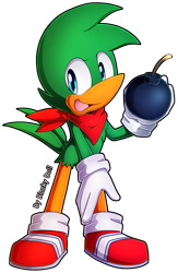 Size: 1265x1946 | Tagged: safe, artist:blacky-doll, bean the dynamite, bird, bandana, bomb, gloves, holding something, looking at viewer, looking offscreen, mouth open, shoes, signature, simple background, socks, solo, standing, transparent background