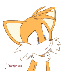 Size: 256x256 | Tagged: safe, artist:bikomation, miles "tails" prower, fox, animated, confused, gif, looking offscreen, mouth open, raised eyebrow, signature, simple background, solo, standing, transparent background