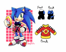 Size: 1280x1024 | Tagged: safe, artist:cuteytcat, sonic the hedgehog, hedgehog, abstract background, clenched teeth, gender swap, gloves, hair over one eye, hand on hip, heels, holding something, jacket, jacket around waist, looking at viewer, ring, signature, smile, socks, solo, standing