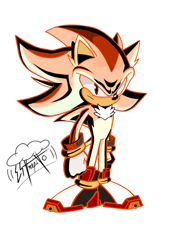 Size: 1240x1754 | Tagged: safe, artist:radblast, shadow the hedgehog, super shadow, hedgehog, chest fluff, clenched fists, frown, gloves, looking offscreen, shoes, signature, simple background, solo, standing, super form, white background