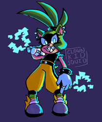 Size: 1260x1500 | Tagged: safe, artist:squidddkiddd, surge the tenrec, tenrec, clenched teeth, electricity, gloves, looking at viewer, purple background, shoes, signature, simple background, solo, spiked bracelet, standing
