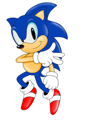 Size: 1654x2338 | Tagged: safe, artist:classicsonicsatam, sonic the hedgehog, hedgehog, classic sonic, gloves, greg martin style, looking at viewer, mid-air, redraw, shoes, simple background, smile, socks, solo, v sign, white background