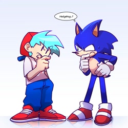 Size: 2000x2000 | Tagged: safe, artist:ohyaholla, sonic the hedgehog, hedgehog, human, boyfriend (friday night funkin'), crossover, duo, friday night funkin, frown, gradient background, hand in pocket, hand on hip, hand on own chin, hand on own face, looking at each other, standing, thinking