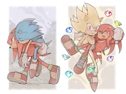 Size: 1131x844 | Tagged: safe, artist:sk_rokuro, knuckles the echidna, sonic the hedgehog, super sonic, echidna, hedgehog, abstract background, carrying them, chaos emerald, duo, eyes closed, frown, gay, hand on shoulder, knuxonic, lidded eyes, looking at viewer, piggyback, shipping, sparkles, super form, tongue out, walking