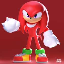 Size: 1920x1920 | Tagged: safe, artist:henry vargas, knuckles the echidna, echidna, 3d, clenched fists, frown, looking at viewer, red background, signature, simple background, solo, standing