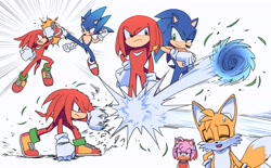 Size: 4005x2480 | Tagged: safe, artist:hyeon_sale, amy rose, knuckles the echidna, miles "tails" prower, sonic the hedgehog, echidna, fox, hedgehog, clenched fists, eyes closed, fight, frown, group, kicking, lidded eyes, looking at each other, mouth open, simple background, smile, spindash, sweat, white background