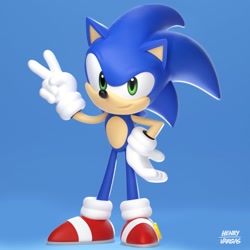 Size: 1920x1920 | Tagged: safe, artist:henry vargas, sonic the hedgehog, hedgehog, 3d, blue background, looking at viewer, simple background, smile, solo, standing, v sign