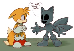 Size: 1300x900 | Tagged: safe, artist:lucia88956289, miles "tails" prower, fox, sonic the hedgehog 2 (2022), dialogue, duo, looking at each other, mouth open, scared, self paradox, simple background, speech bubble, standing, white background
