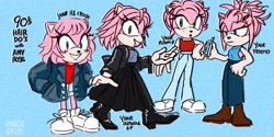 Size: 4096x2048 | Tagged: safe, artist:pinkugrin, amy rose, hedgehog, alternate hairstyle, alternate outfit, blue background, looking at viewer, simple background, smile, solo, standing, text, walking