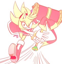 Size: 1022x1046 | Tagged: safe, artist:9scati, amy rose, hedgehog, amy's halterneck dress, holding something, looking at viewer, piko piko hammer, running, running towards viewer, signature, simple background, smile, solo, super amy, super form, white background