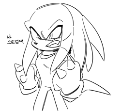 Size: 800x732 | Tagged: safe, artist:9scati, knuckles the echidna, echidna, black and white, clenched fists, clenched teeth, korean text, monochrome, simple background, solo, standing, white background
