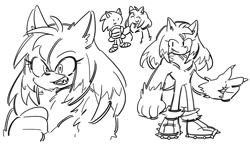 Size: 1000x578 | Tagged: safe, artist:9scati, amy rose, sonic the hedgehog, hedgehog, black and white, claws, clenched fist, duo, eyes closed, holding them, looking at viewer, monochrome, one fang, sharp teeth, simple background, sketch, smile, were form, white background
