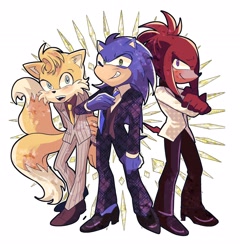 Size: 2480x2584 | Tagged: safe, artist:ss0, knuckles the echidna, miles "tails" prower, sonic the hedgehog, echidna, fox, hedgehog, alternate outfit, arms folded, gloves off, grin, looking at viewer, mouth open, pants, shirt, simple background, smile, suit, team sonic, tie, trio, white background