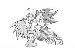 Size: 1024x768 | Tagged: safe, artist:murdetoile, shadow the hedgehog, sonic the hedgehog, hedgehog, clenched teeth, duo, eyes closed, fight, fur grab, greyscale, grin, hand on another's arm, holding hands, monochrome, pain, simple background, smile, standing, white background