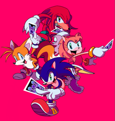 Size: 683x723 | Tagged: safe, artist:tome_iu, knuckles the echidna, miles "tails" prower, sonic the hedgehog, echidna, fox, hedgehog, sonic shuffle, amy's halterneck dress, card, grin, group, holding something, looking at viewer, mouth open, pink background, running, running towards viewer, simple background, smile