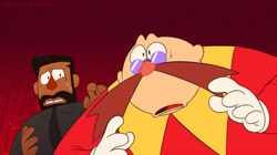 Size: 1513x850 | Tagged: safe, artist:lanthart, agent stone, robotnik, human, sonic mania adventures, duo, edited screencap, looking at them, shocked, sweat
