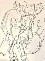 Size: 1536x2048 | Tagged: safe, artist:amberday0128, knuckles the echidna, miles "tails" prower, echidna, fox, arms up, carrying them, clenched fists, duo, eyes closed, happy, monochrome, mouth open, pencilwork, sketch, smile, standing, traditional media