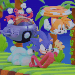 Size: 1280x1280 | Tagged: safe, artist:crisppyboat, miles "tails" prower, robotnik, sonic the hedgehog, fox, hedgehog, human, green hill zone, 3d, animated, classic sonic, classic tails, claymation, eggmobile, flower, flying, grin, mouth open, running, smile, sunflower, trio, webm