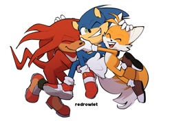 Size: 1200x846 | Tagged: safe, artist:redrowlet, knuckles the echidna, miles "tails" prower, sonic the hedgehog, echidna, fox, hedgehog, sonic the hedgehog 2 (2022), eyes closed, grin, hand on another's head, happy, mouth open, one eye closed, simple background, smile, team sonic, trio, white background