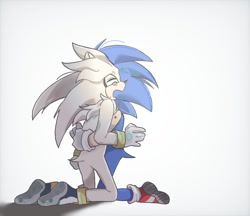 Size: 886x764 | Tagged: safe, artist:blueskyuup, silver the hedgehog, sonic the hedgehog, hedgehog, crying, duo, eyes closed, hugging, kneeling, mouth open, simple background, tears, white background