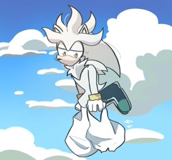 Size: 1112x1038 | Tagged: safe, artist:blueskyuup, silver the hedgehog, hedgehog, bag, clouds, daytime, flying, holding something, lidded eyes, looking down, outdoors, solo
