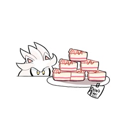 Size: 843x817 | Tagged: safe, artist:blueskyuup, silver the hedgehog, hedgehog, cake, food, note, plate, simple background, solo, text, white background