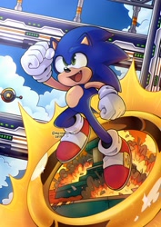 Size: 1448x2048 | Tagged: safe, artist:meteorlimit, sonic the hedgehog, hedgehog, altitude limit, clenched fists, clouds, daytime, egg hammer fortress, explosion, looking up, mouth open, one fang, outdoors, ring, signature, smile, solo, sonic rush, warp ring