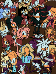 Size: 768x1024 | Tagged: safe, artist:picanniland, amy rose, belle the tinkerer, blaze the cat, bunnie rabbot, espio the chameleon, honey the cat, lah, madonna garnet, maria robotnik, mighty the armadillo, miles "tails" prower, nack the weasel, ray the flying squirrel, sally acorn, shadow the hedgehog, silver the hedgehog, sonic the hedgehog, tiara boobowski, armadillo, cat, flying squirrel, fox, hedgehog, human, rabbit, weasel, bat bomb, bow, brown background, chameleon, character request, everyone is here, flower, flower crown, frown, grin, group, looking up, sara, simple background, sitting, smile, standing, wall of tags, wink