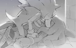 Size: 1072x681 | Tagged: safe, artist:sk_rokuro, knuckles the echidna, sonic the hedgehog, echidna, hedgehog, duo, eyes closed, gay, greyscale, hand on another's chest, kiss, knuxonic, lying down, shipping
