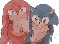 Size: 1027x774 | Tagged: safe, artist:sk_rokuro, knuckles the echidna, sonic the hedgehog, echidna, hedgehog, sonic the hedgehog 2 (2022), duo, frown, grin, hand on own chin, looking at viewer, one fang, simple background, smile, sparkles, white background