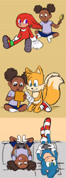 Size: 3058x8249 | Tagged: safe, artist:katlyntheartist, jojo, knuckles the echidna, miles "tails" prower, sonic the hedgehog, echidna, fox, hedgehog, human, sonic the hedgehog 2 (2022), child, group, simple background, sitting, yellow background