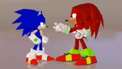 Size: 1280x720 | Tagged: safe, artist:sirrhetorical, knuckles the echidna, sonic the hedgehog, echidna, hedgehog, 3d, animated, blender (medium), duo, fight, grey background, kicking, low poly, punching, simple background, smile, standing, webm