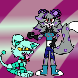 Size: 1280x1280 | Tagged: safe, artist:bluedeerfox14, oc, oc:r.a.b.i.e.s., oc:turpitude, dog, all fours, collar, duo, earring, leopard, multi-colored hair, oc only, pants, robot, shoes, spiked collar, tongue out