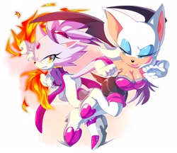 Size: 1816x1566 | Tagged: safe, artist:mikune_19, blaze the cat, rouge the bat, bat, cat, blaze's tailcoat, duo, fire, looking at each other, rivalry, rouge's heart top