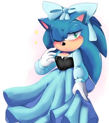 Size: 1002x1127 | Tagged: safe, artist:mikune_19, sonic the hedgehog, hedgehog, blushing, crossdressing, dress, solo, wink