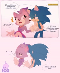 Size: 3000x3600 | Tagged: safe, artist:knoxiejox, blaze the cat, sonic the hedgehog, cat, hedgehog, ..., angry, dialogue, duo, shipping denied, surprised