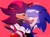 Size: 1080x796 | Tagged: safe, artist:mikune_19, shadow the hedgehog, sonic the hedgehog, hedgehog, blushing, bridal carry, carrying them, duo, flower, flower crown, gay, red background, shadow x sonic, shipping, simple background, wedding veil
