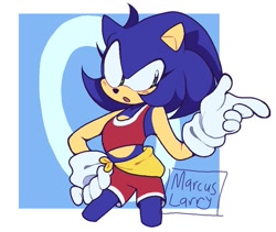 Size: 680x573 | Tagged: dead source, safe, artist:marcuslarry627, sonic the hedgehog, hedgehog, abstract background, bandana, crop top, gender swap, gloves, hand on hip, looking offscreen, pointing, shorts, signature, solo, standing