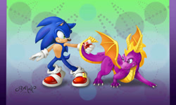 Size: 1154x692 | Tagged: safe, artist:rawn89, sonic the hedgehog, hedgehog, all fours, chaos emerald, crossover, dragon, duo, gloves, holding something, looking at each other, shoes, signature, smile, socks, spyro the dragon, standing