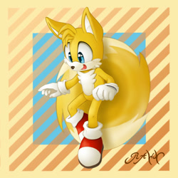 Size: 1280x1280 | Tagged: safe, artist:rawn89, miles "tails" prower, fox, clenched fist, flying, gloves, looking down, mouth open, shoes, signature, socks, solo, spinning tails, striped background